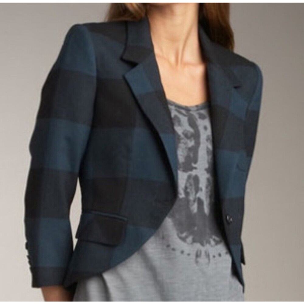 Elizabeth & James Teal Black Buffalo Check Cropped Wool Blazer Size 4